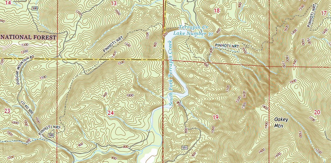 Topo Map, FR500, N Dugger Shelter, Terrapin Watershed, Oakey Mountain Shelter